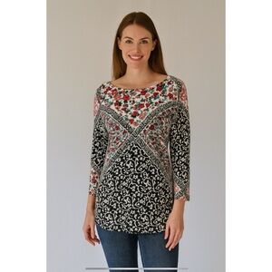 LEO & UGO SWEATER 1-S FLORAL MIXED MEDIA ARTSY CASUAL OFFICE SOFT STRETCHY